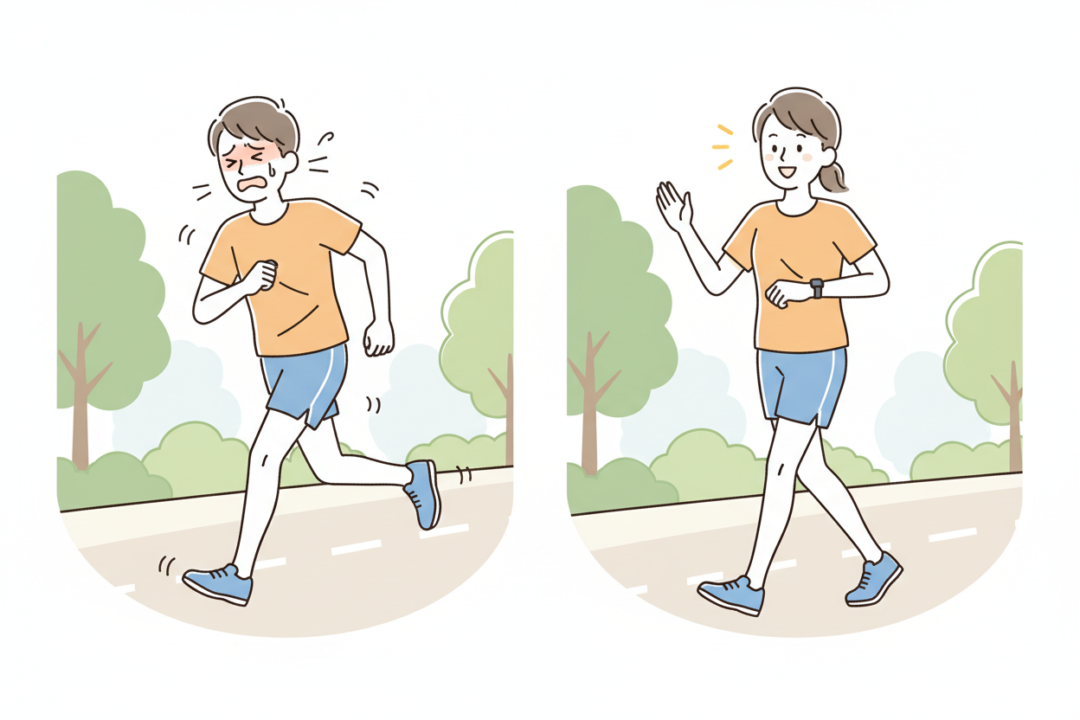 苦悶の表情で走るランナーと、笑顔で歩きを挟むランナーの比較図