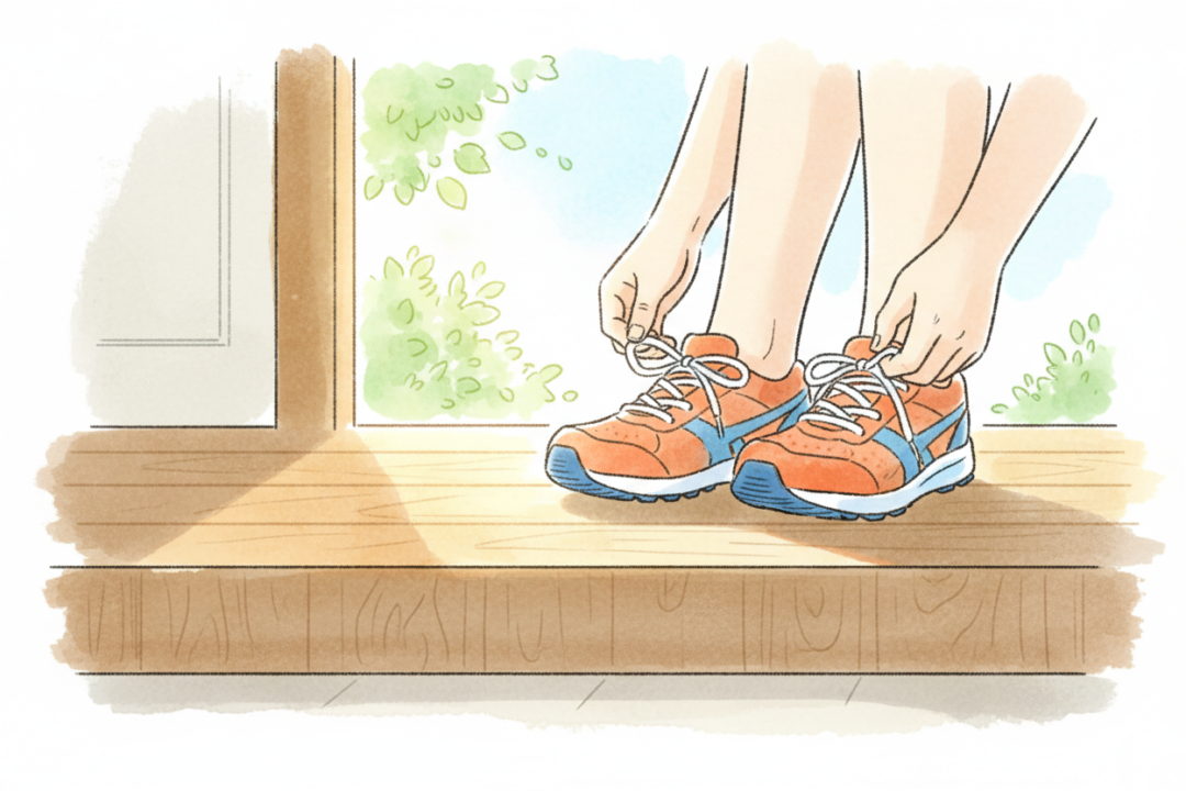 玄関でランニングシューズを履いて一歩踏み出す様子