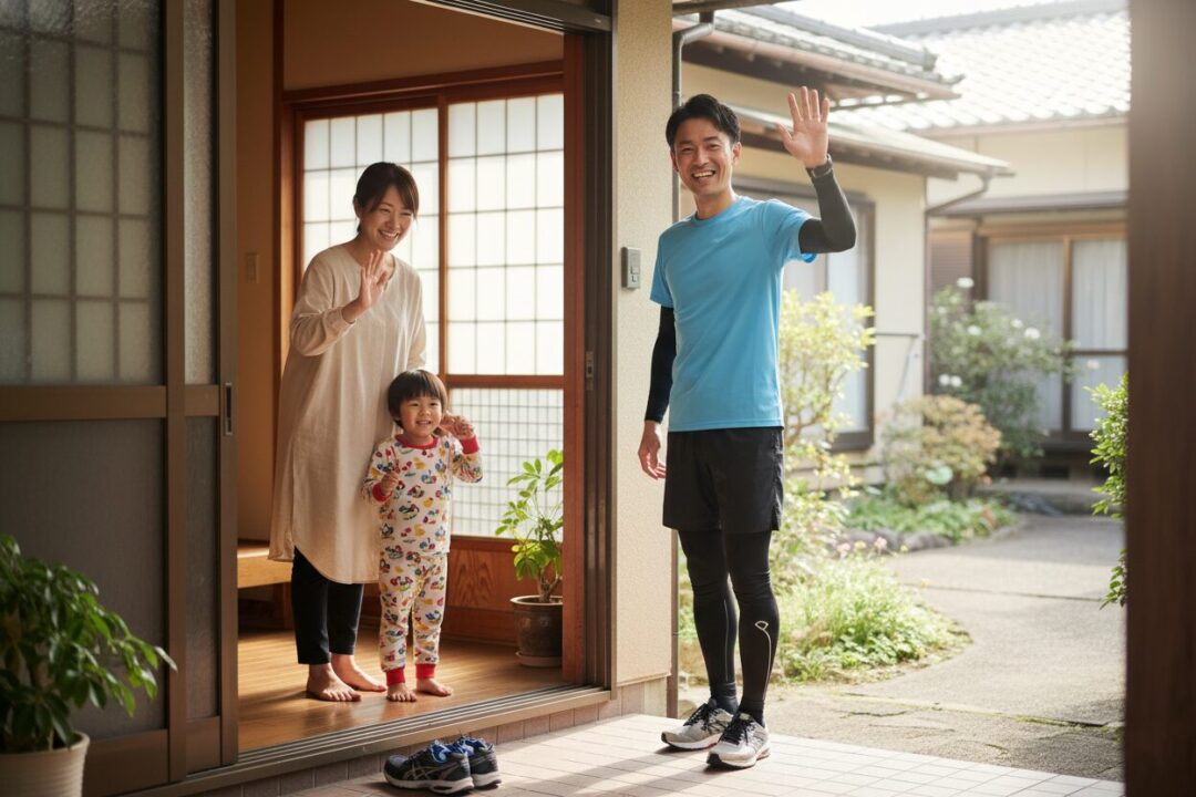 玄関先でランニングに出発する男性と、笑顔で見送る妻と幼い子供の幸せな日常風景