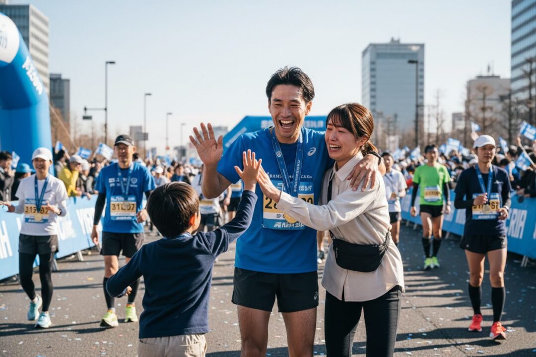 マラソン大会のゴール付近で、完走したランナーが家族と合流してハイタッチしている感動的なシーン