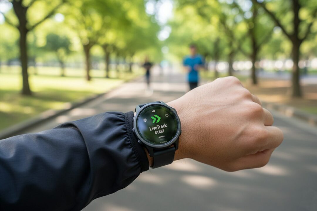スマートウォッチのLiveTrack機能を設定し、現在地を家族に共有しようとしている手元のクローズアップ