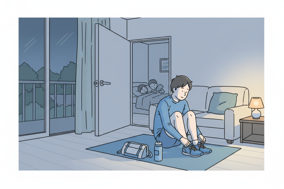 家族が寝静まった薄暗い部屋で、静かにランニングシューズを履く準備をするランナーのイラスト