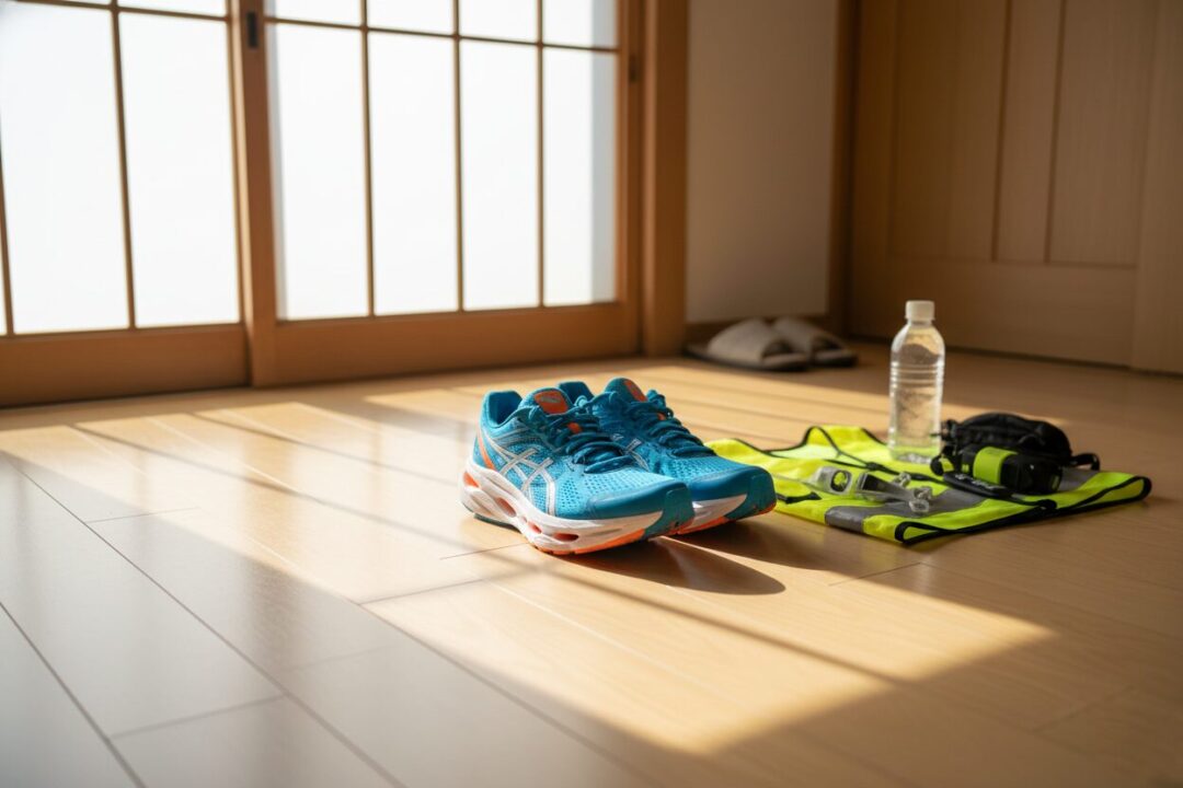 新しいランニングシューズと100均の小物が並ぶ様子