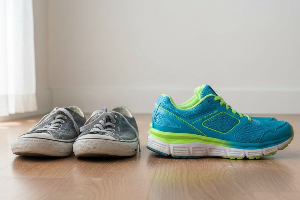 履き潰した普通のスニーカーとランニングシューズの比較