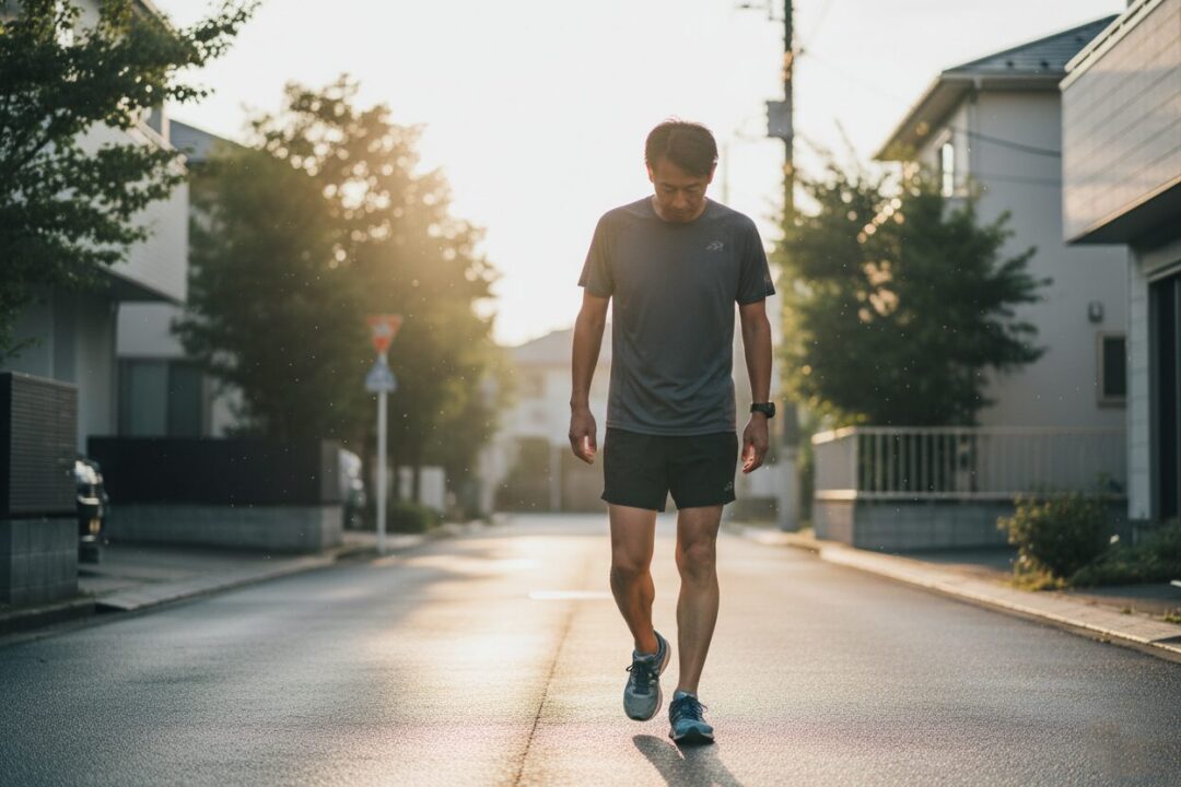 朝焼けの中、力なく歩くがランニングシューズは履いている初心者ランナーの足元