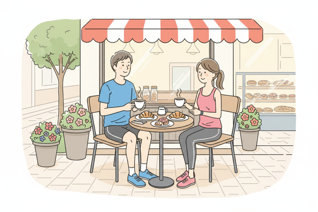 目的地のおしゃれなカフェに到着し、満足げにコーヒーを飲むランナー