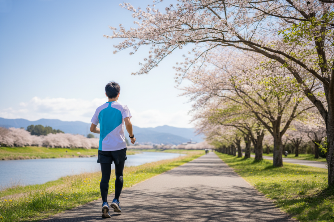 爽やかな青空の下、時計を見ずにリラックスして走るランナーの背中