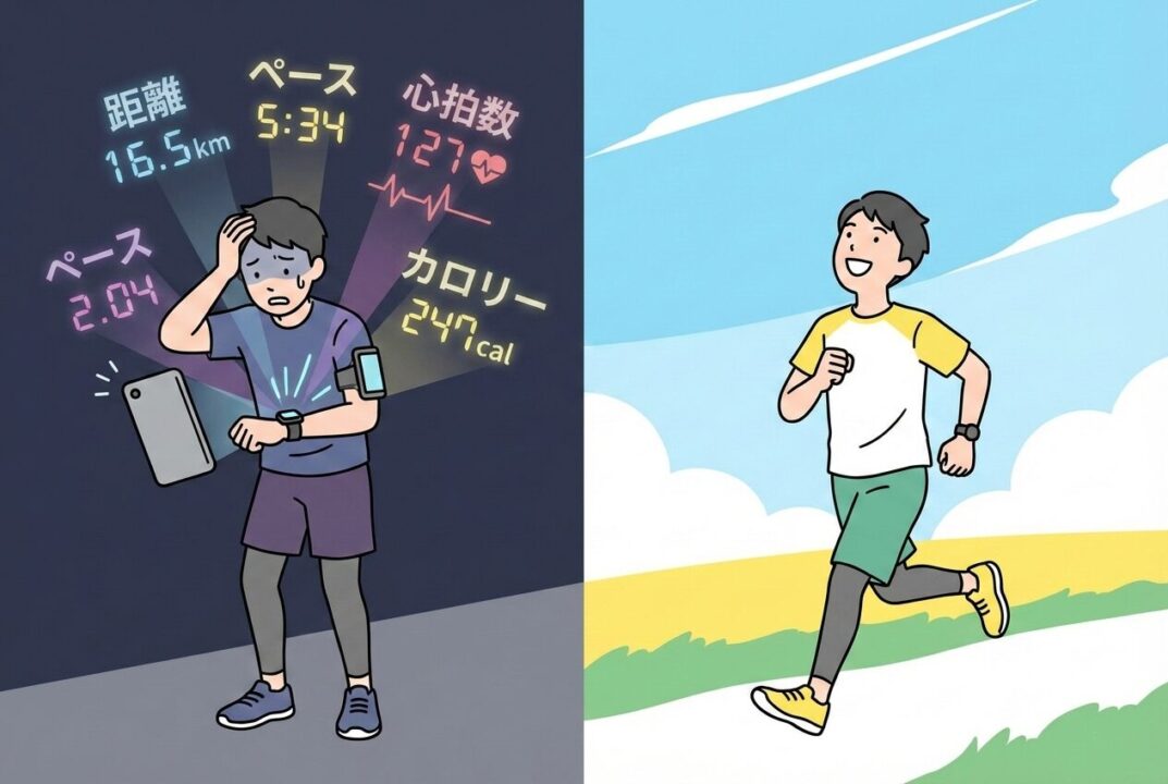 数字の通知に追い詰められて悩むランナーと、笑顔で空を見上げるランナーの比較イラスト