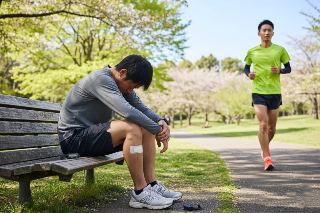 故障してベンチで休むランナーと、その横を走り抜ける他人の対比