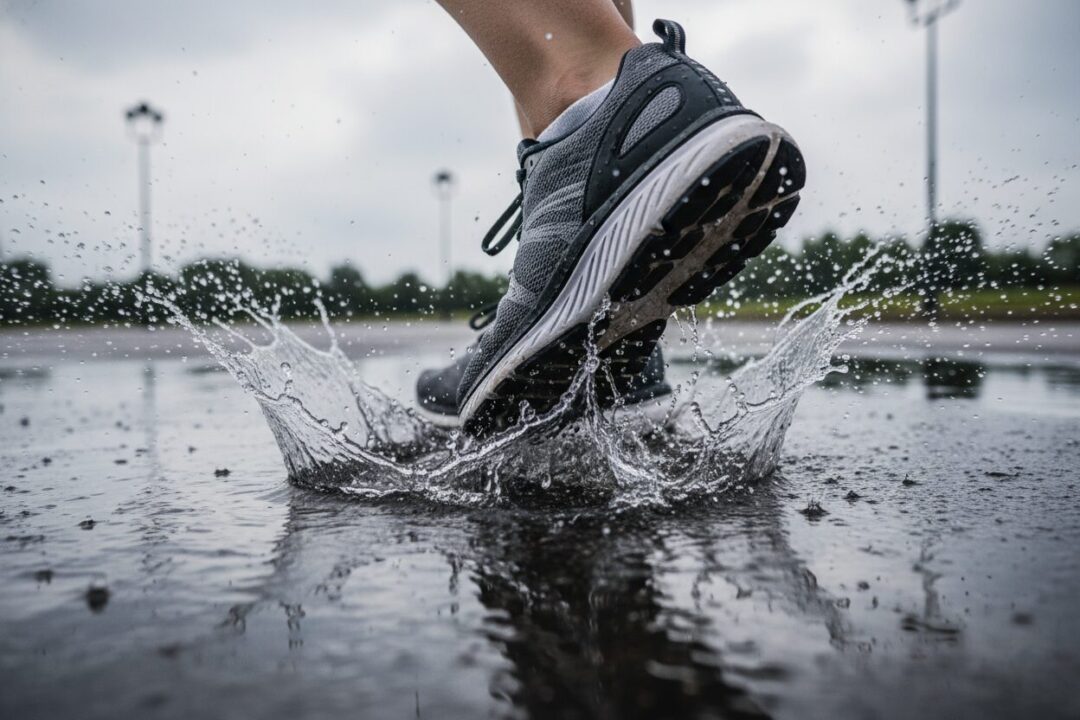 雨の日に水しぶきを上げて走るランナーの足元