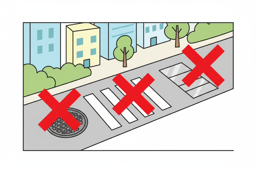 滑りやすい場所（マンホール、白線、タイル）を警告する図解