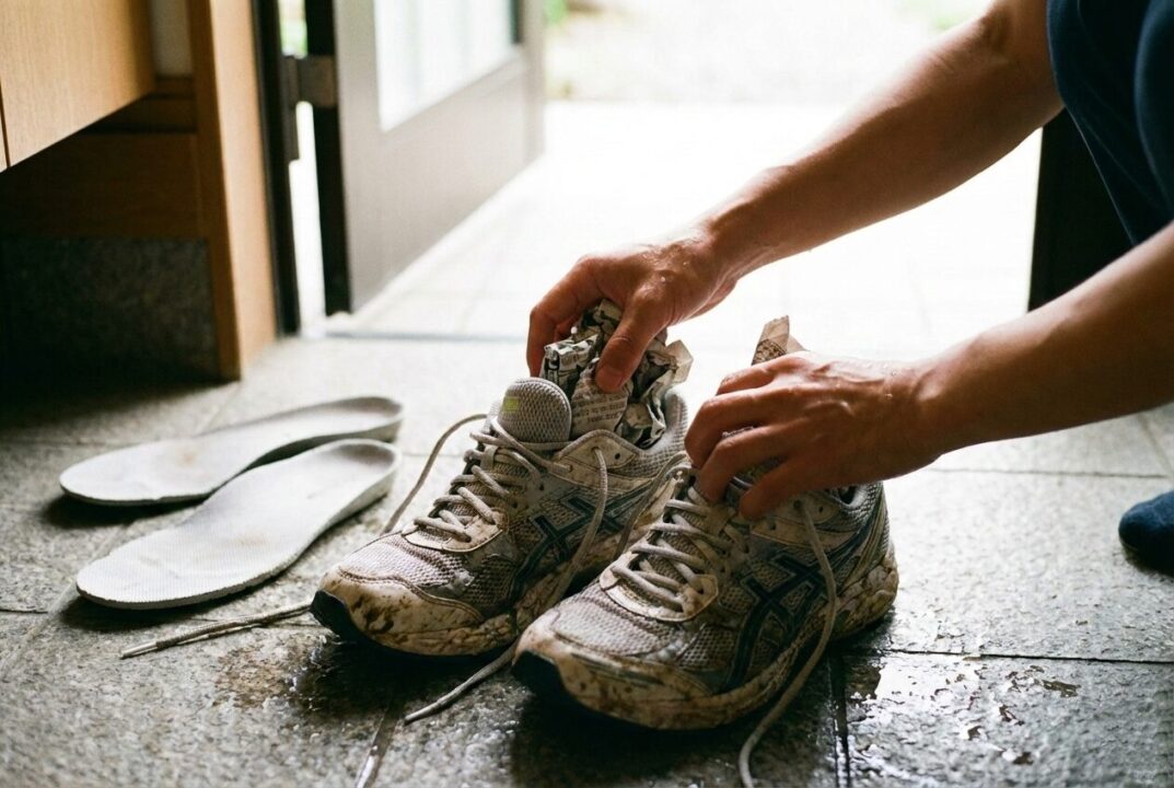 紐を緩めたシューズの中に、丸めた新聞紙を詰め込んでいる様子