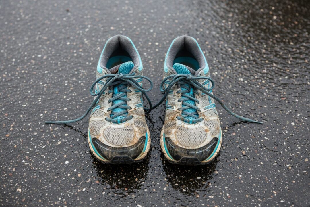 雨に濡れたアスファルトと、少し泥のついた使い込まれたシューズ