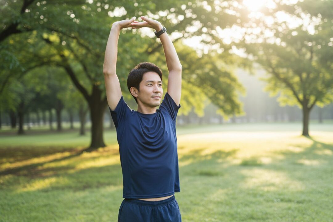 朝の公園で爽やかな光を浴びながらストレッチをする30代日本人男性ランナー