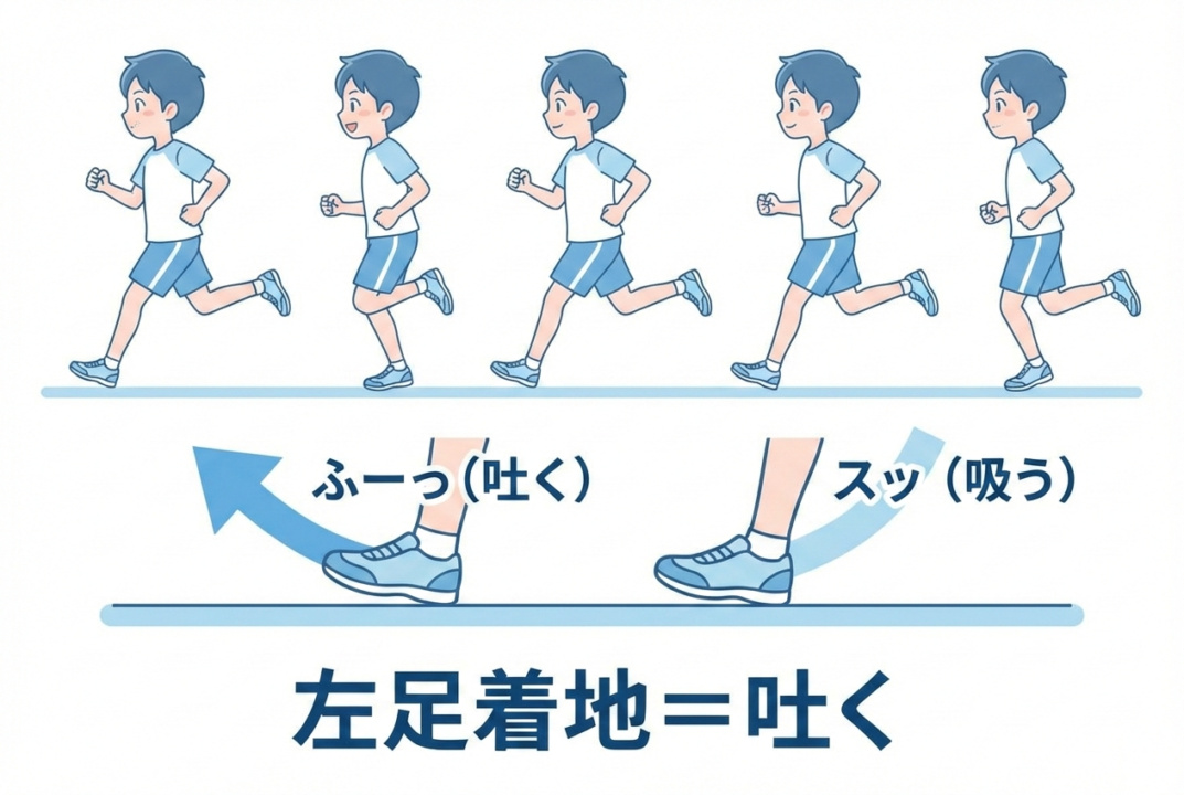 ランニング中の脇腹痛を防ぐ呼吸法。左足が着地する瞬間に息を吐くリズムを示した図解。