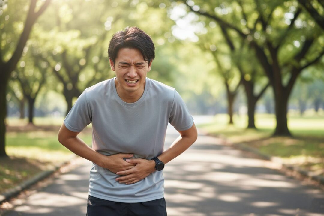 ランニング中にお腹を押さえて困っている日本人男性ランナーと解決策の文字