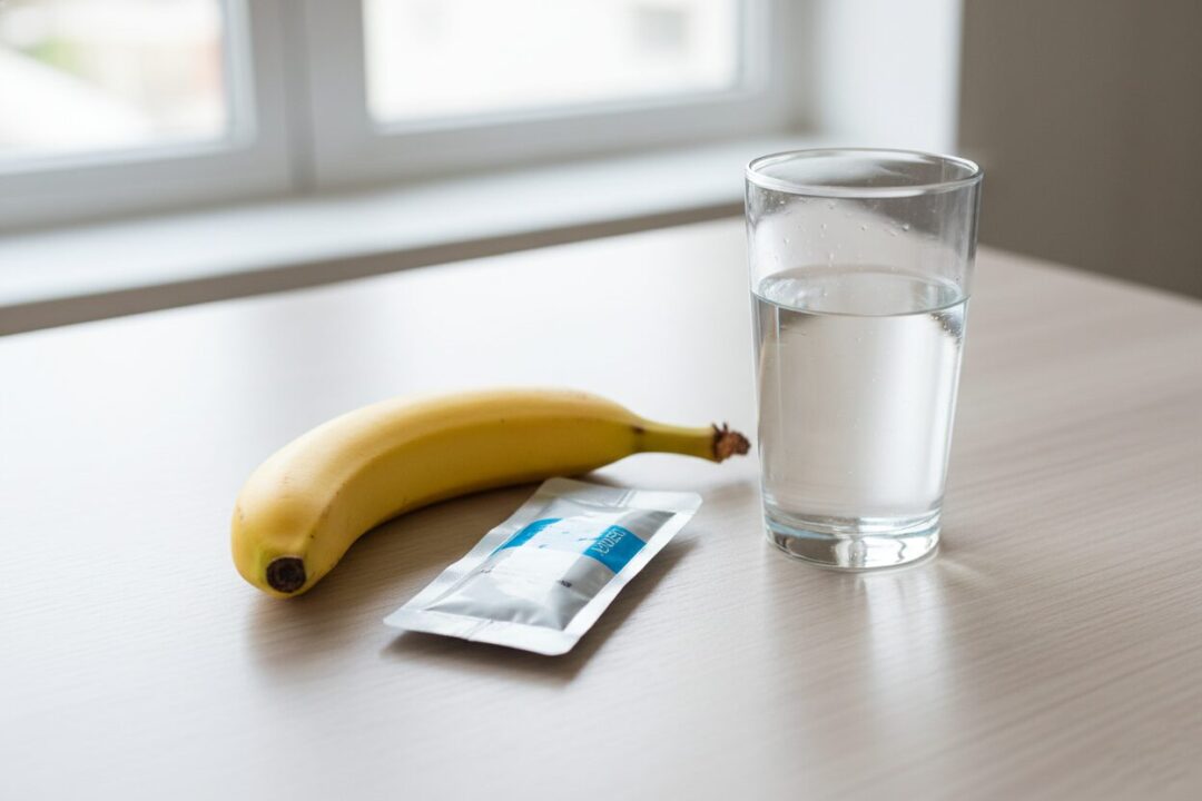 ランニング前に適したバナナとゼリー飲料、コップ一杯の水