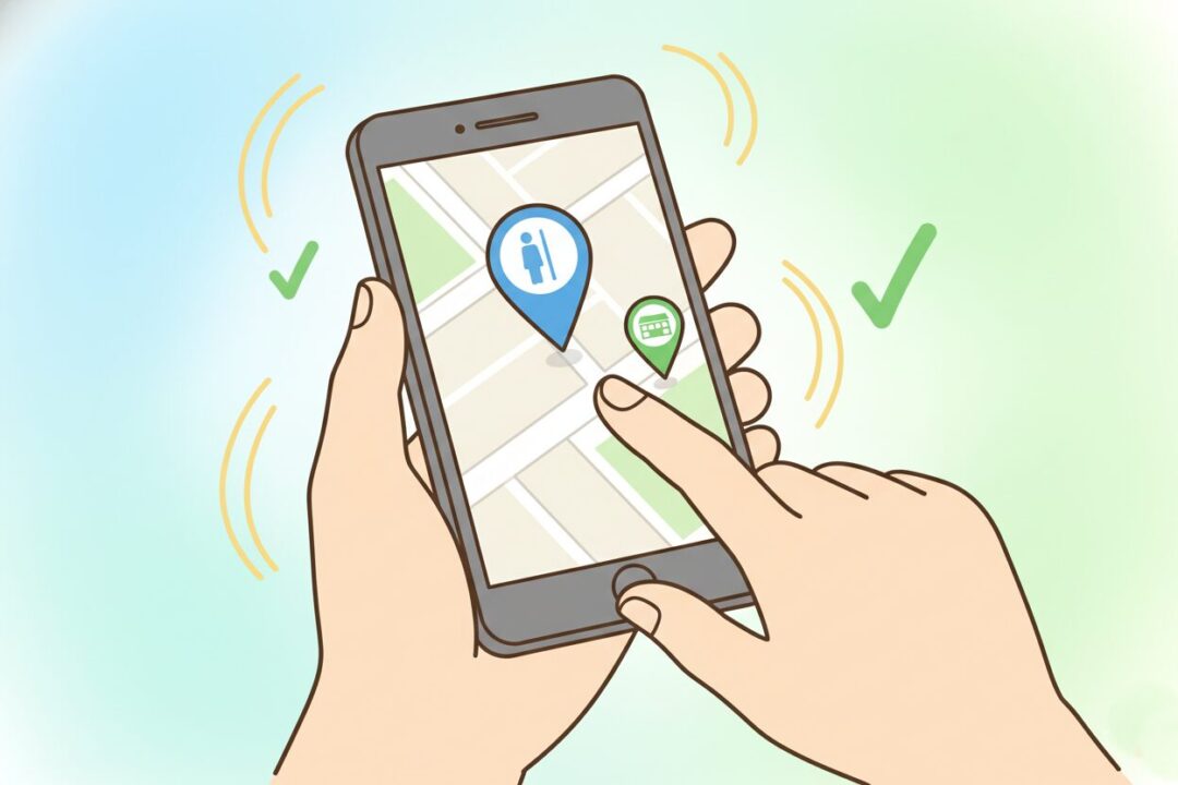 地図アプリでトイレやコンビニの場所を確認しているスマホ画面のイメージ