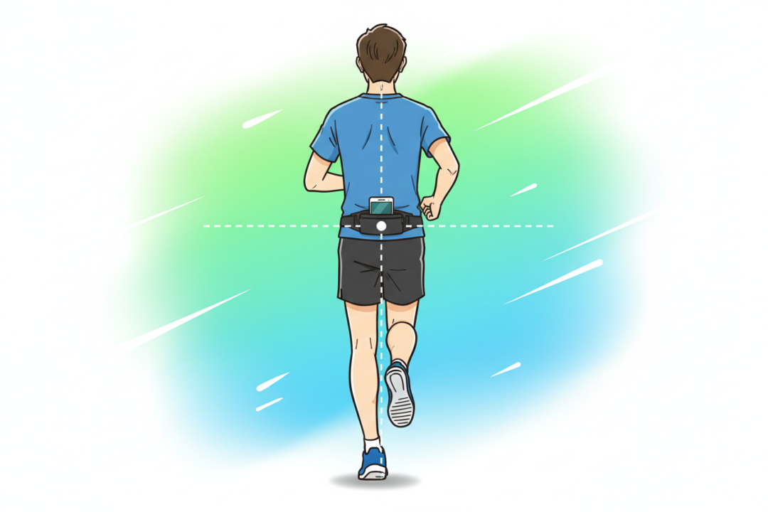 ランナーを真後ろから見た図で、腰の真ん中にスマホを配置して体の軸が安定している様子を解説するイラスト