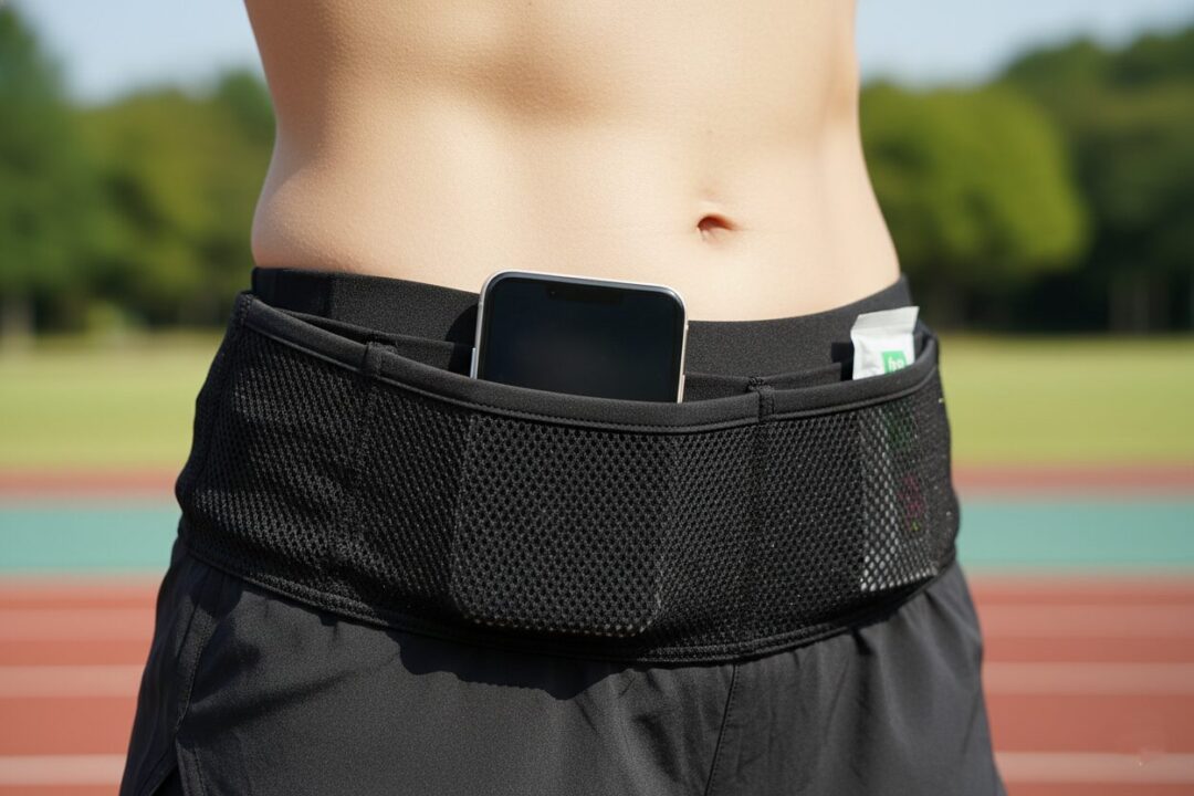 ワークマンのマルチポケット付きランニングパンツを着用し、腰回りにスマホを綺麗に収納している様子