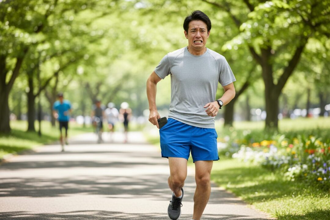 ランニング中にポケットのスマホが重くてズボンがずり落ちそうになり、困った顔で手で押さえている初心者の様子