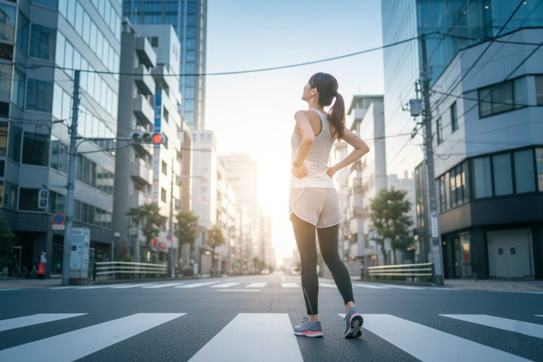 朝の光が差し込む街中の横断歩道で、信号待ちをしながら深く呼吸をしてリラックスしている女性ランナーの背中。