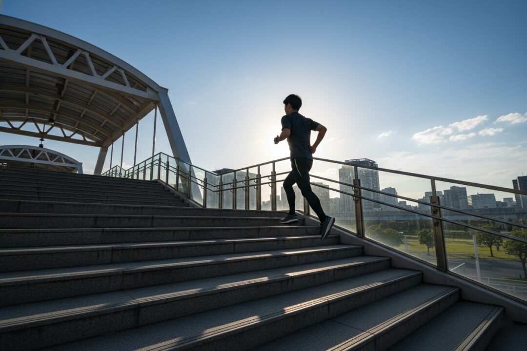 信号を避けるために街中の歩道橋の階段を軽快に駆け上がるランナーの姿。