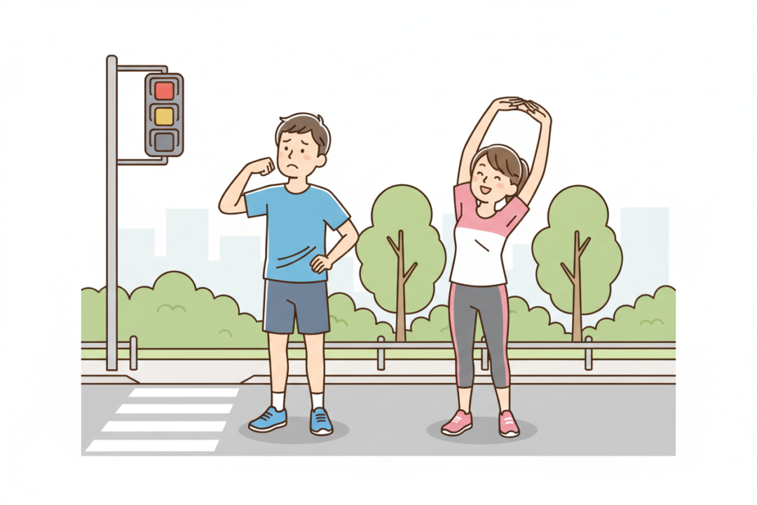 信号が赤になり、「あぁ…」とがっかりして肩を落とす初心者ランナーと、信号を時計のように活用するポジティブなランナーの対比。