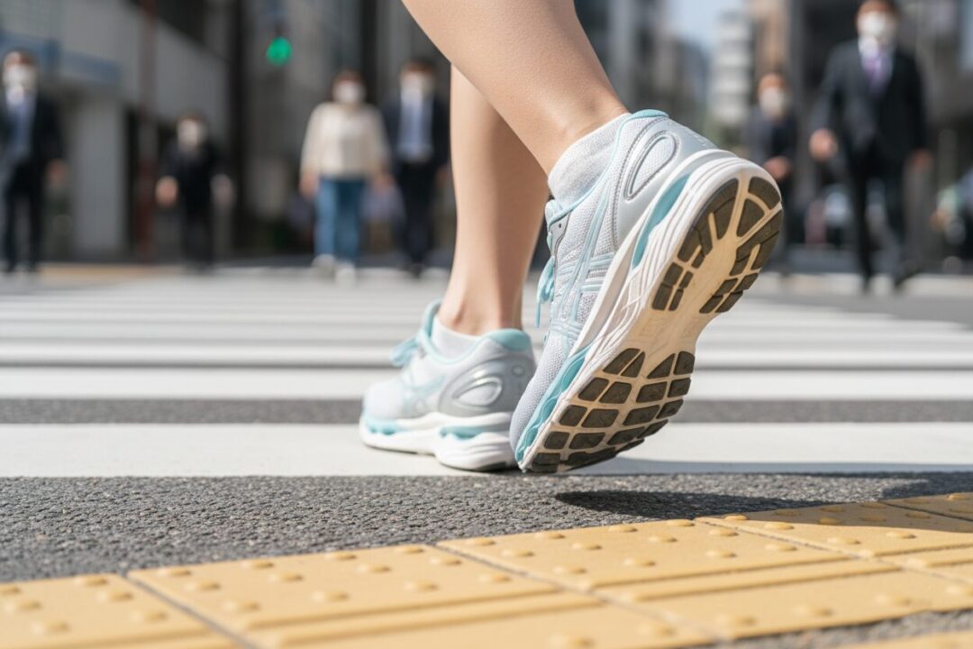 青信号に変わり、焦らずにゆっくりと一歩目を踏み出すランナーの足元（シューズ）のアップ。