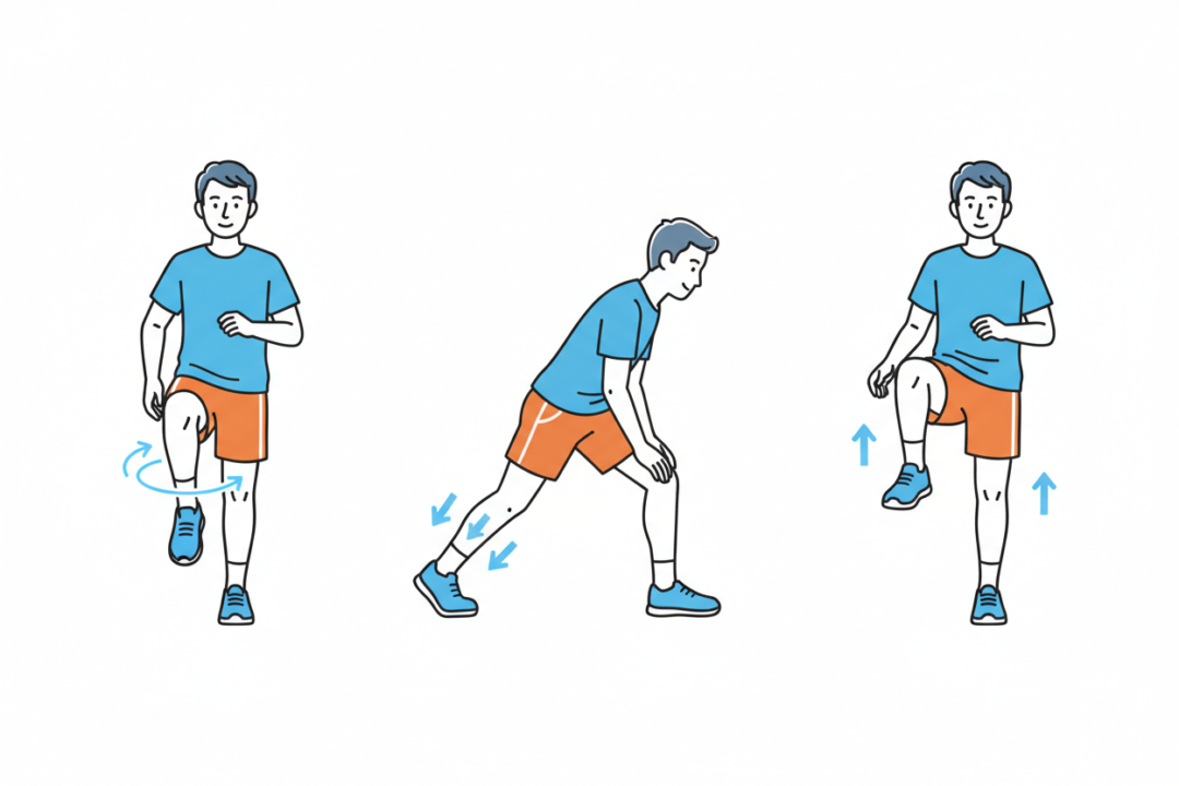 信号待ちの短い時間にできる、足首回しやアキレス腱伸ばしの動きを分かりやすく図解したイラスト。