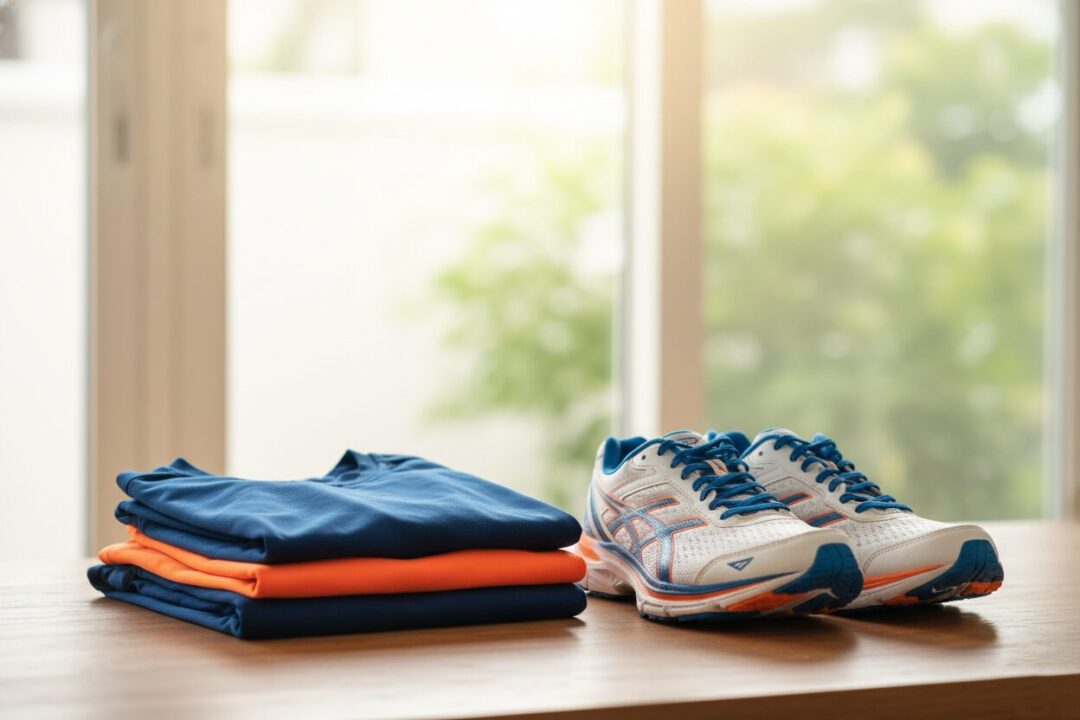 清潔に畳まれた色鮮やかなランニングウェアとランニングシューズのイメージ画像