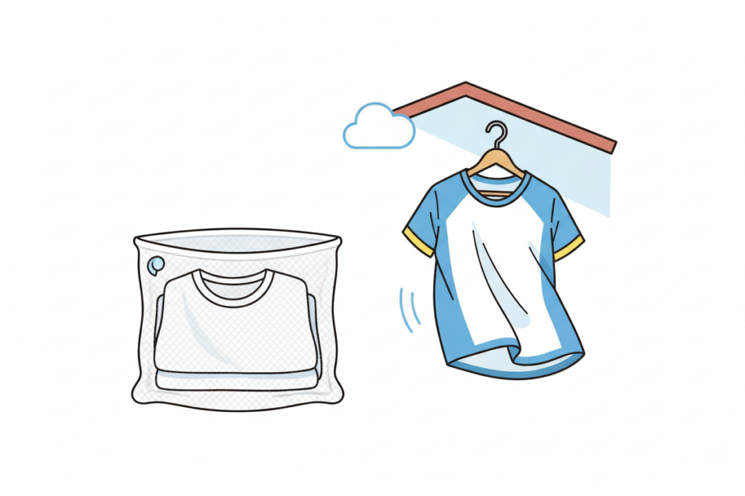洗濯ネットに入れたウェアと、裏返して日陰に干されているランニングウェアの図解イラスト
