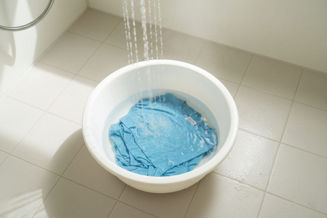 浴室でランニングウェアにお湯をかけ、皮脂汚れを予洗いしている様子