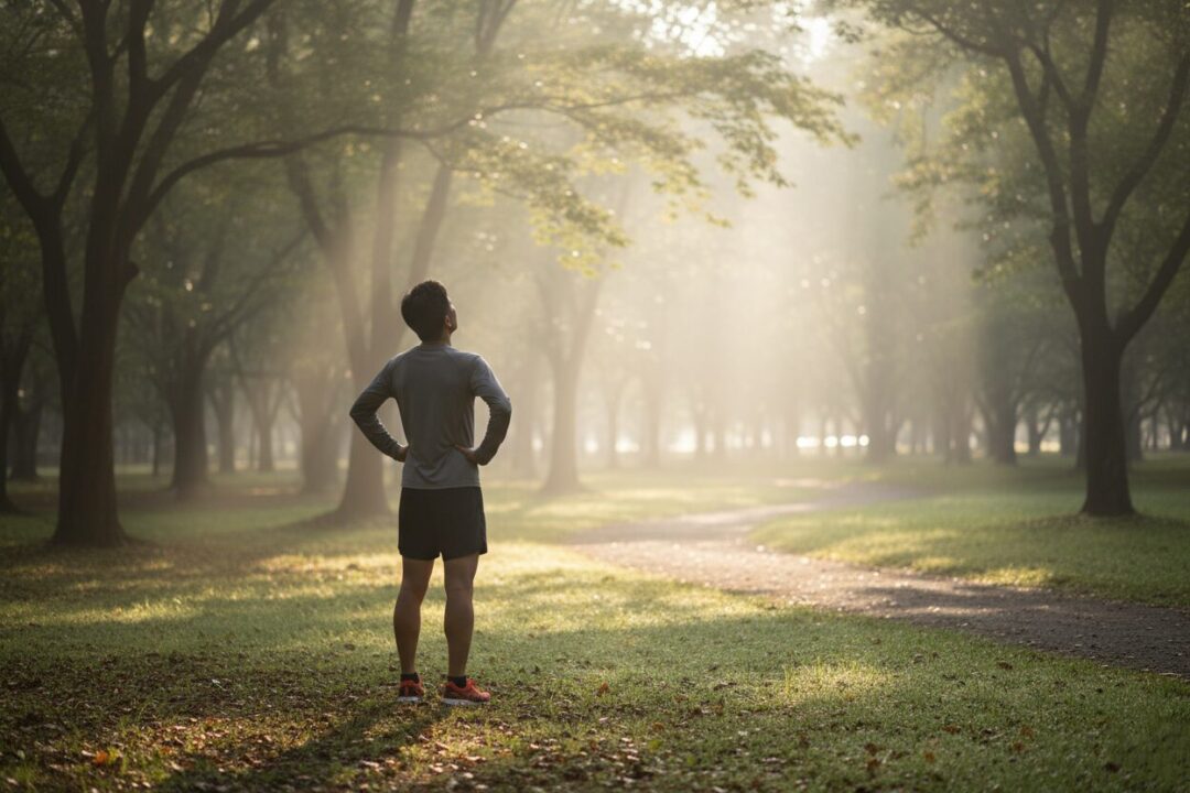 朝霧の中、穏やかな表情で立ち止まり呼吸を整えるランナーの背中。