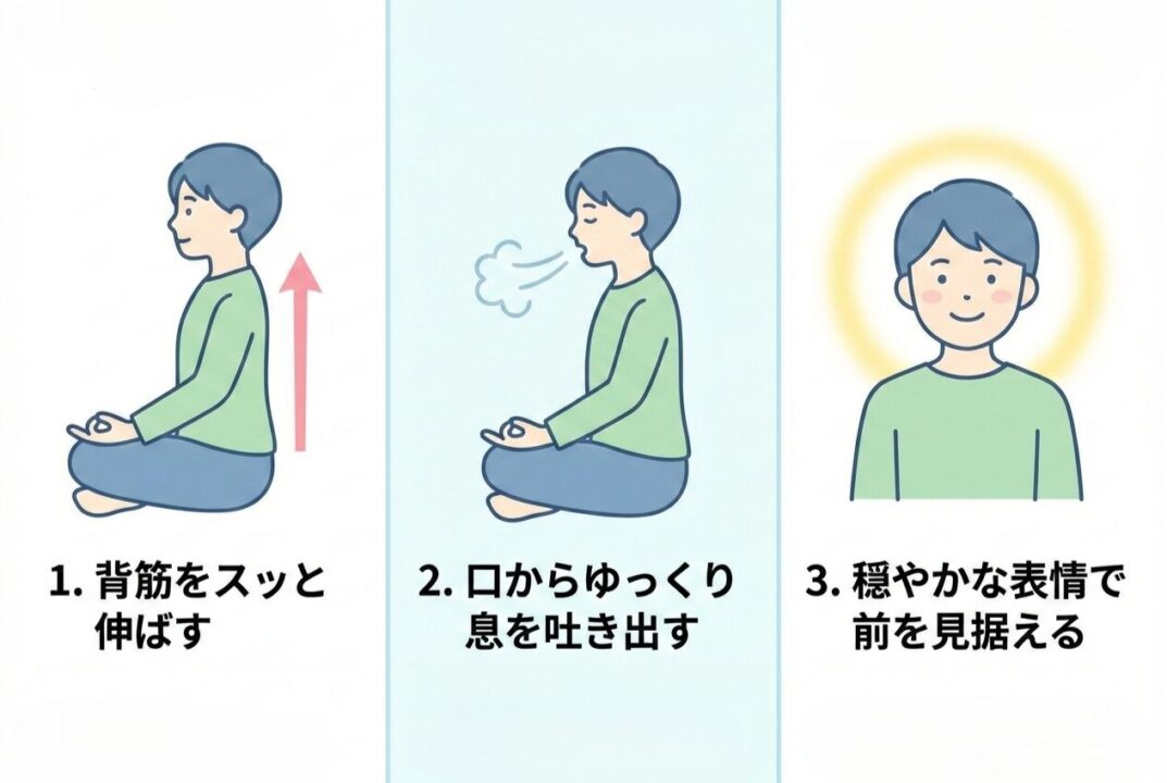 背筋を伸ばし、深く息を吐きながら走る正しいフォームの図解。