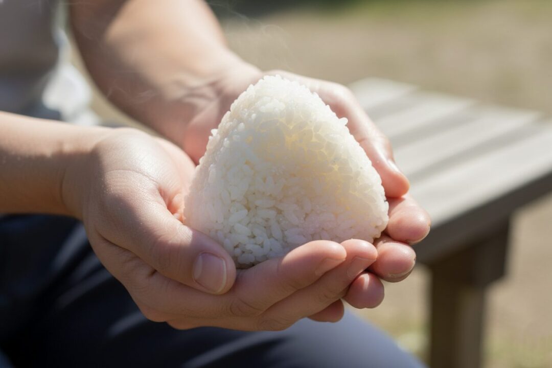 走り終えたあさひが、湯気の立つおむすびを両手で持っている様子。