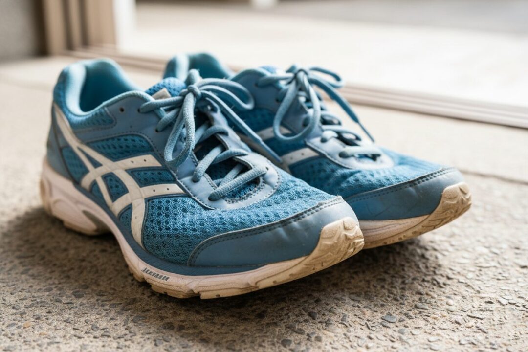 あさひが実際に履き潰し、泥のついたランニングシューズのアップ。