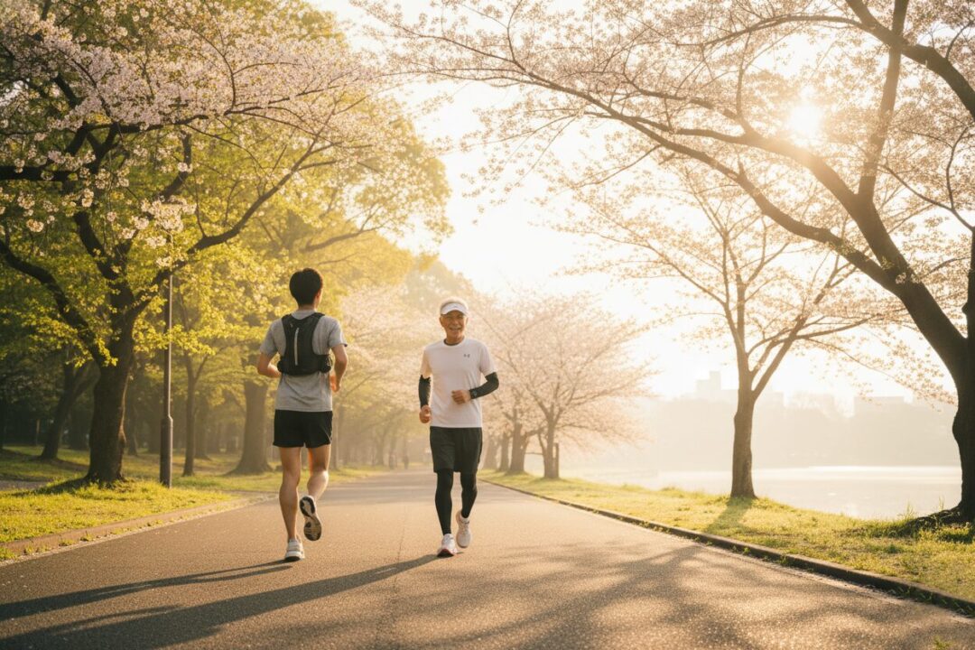 朝日の公園で笑顔で並走する若いランナーと80代のシニアランナー