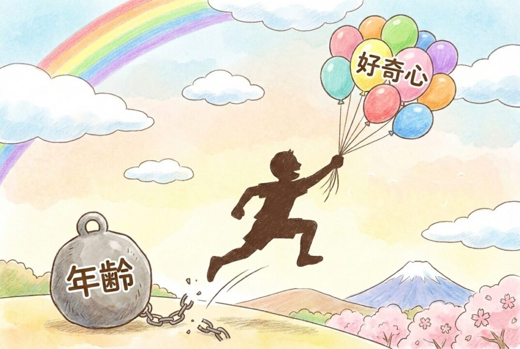 年齢の重りを捨てて好奇心の風船で軽やかに走る人のイメージ図解