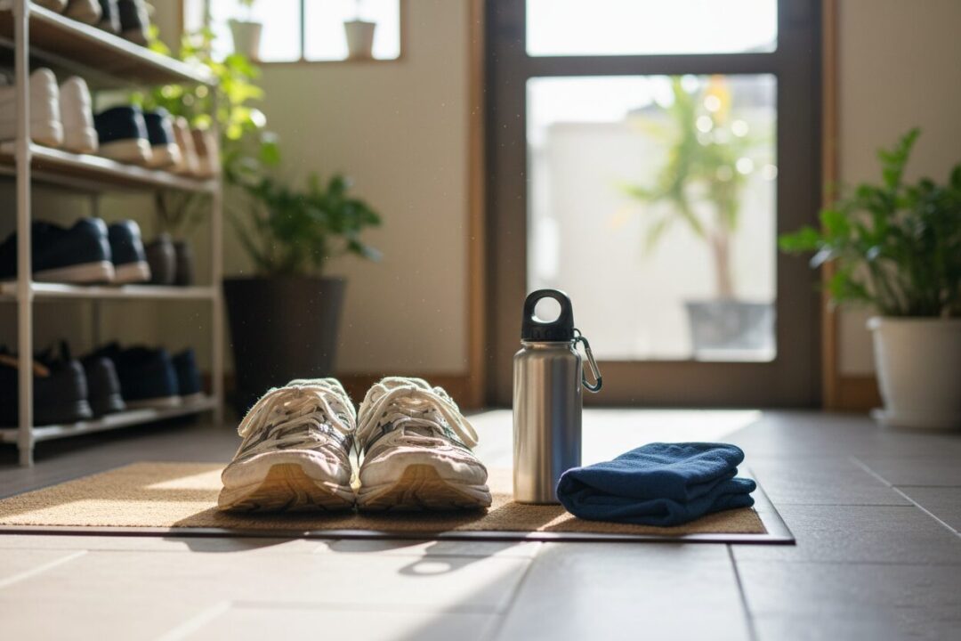走り出す準備が整った玄関先のランニングシューズと水筒