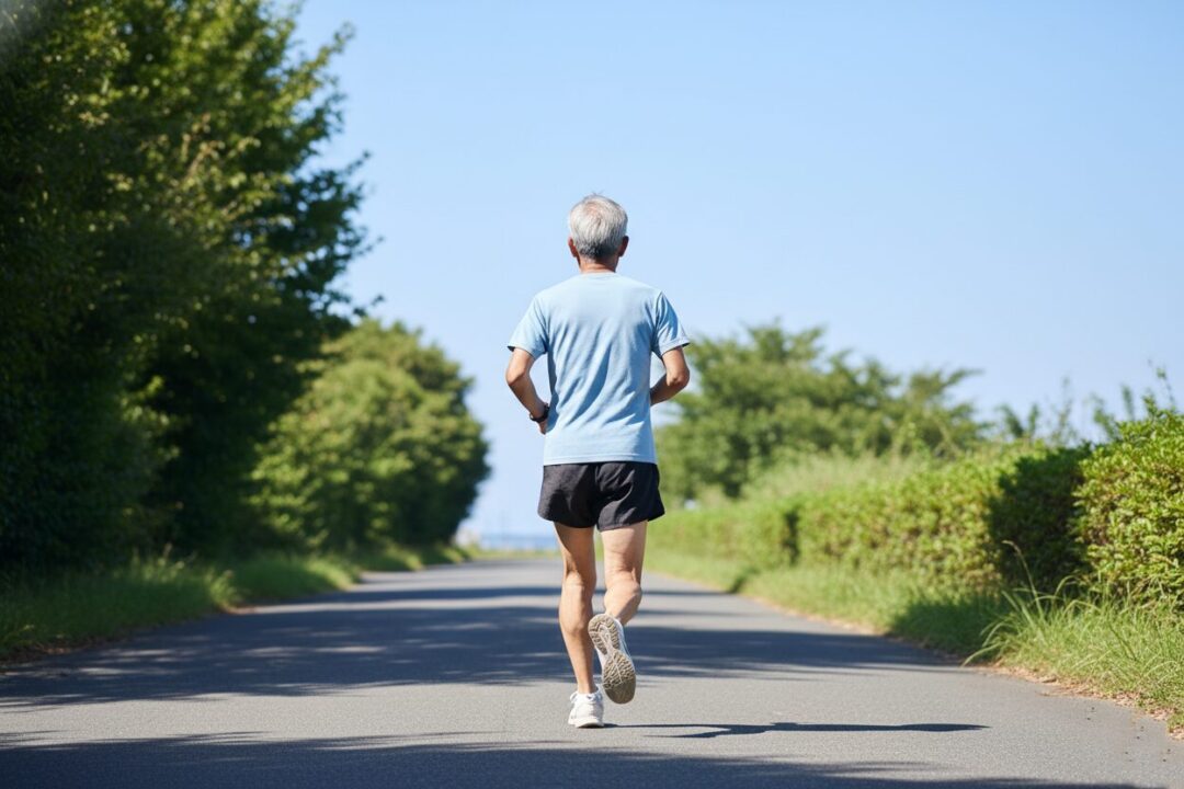 公園の並木道を軽快な足取りで走り抜けるシニアランナーの後ろ姿