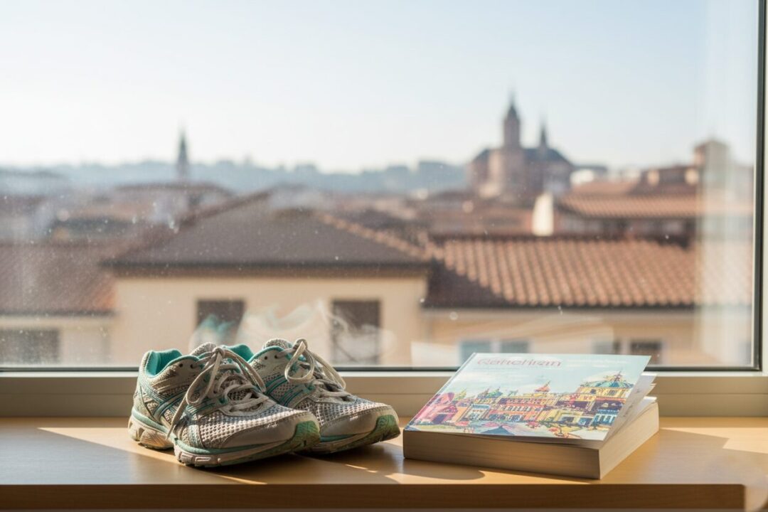 ホテルの窓際に置かれたランニングシューズと朝日
