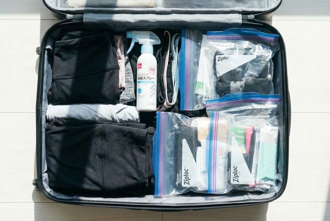 旅行カバンにコンパクトに収納されたランニング用品