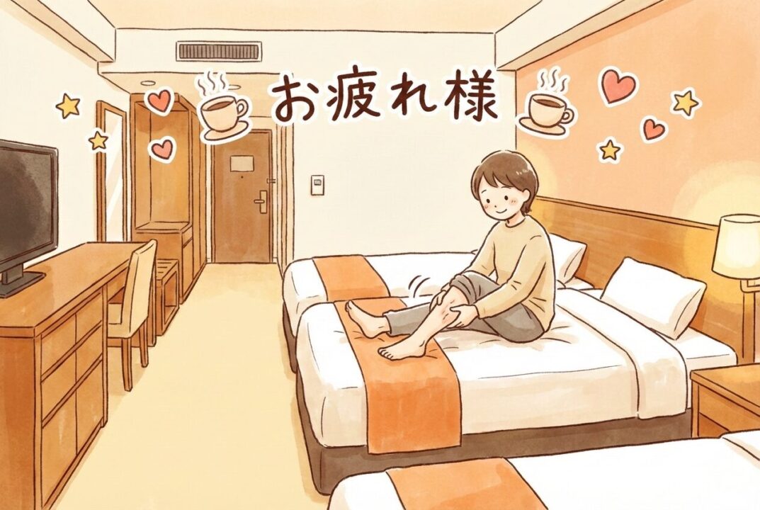ホテルの部屋でリラックスしながら足をケアする図解