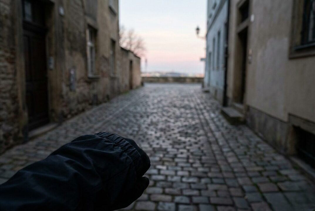 旅先の美しい朝焼けの路地を走るランナーの視点