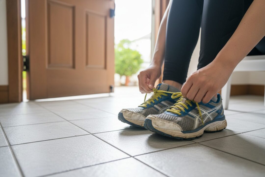 出かける前の玄関で、ランニングシューズの紐を結ぶ瞬間の足元。