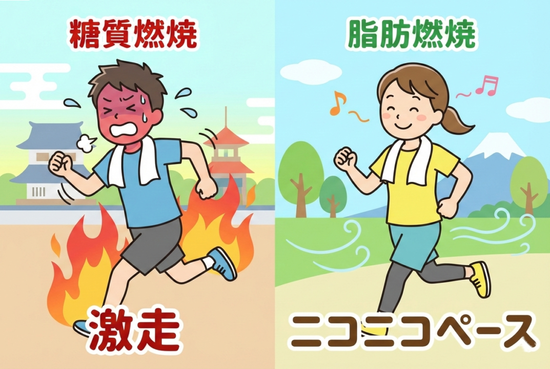 脂肪燃焼に最適な心拍数（ニコニコペース）を解説する比較イラスト。