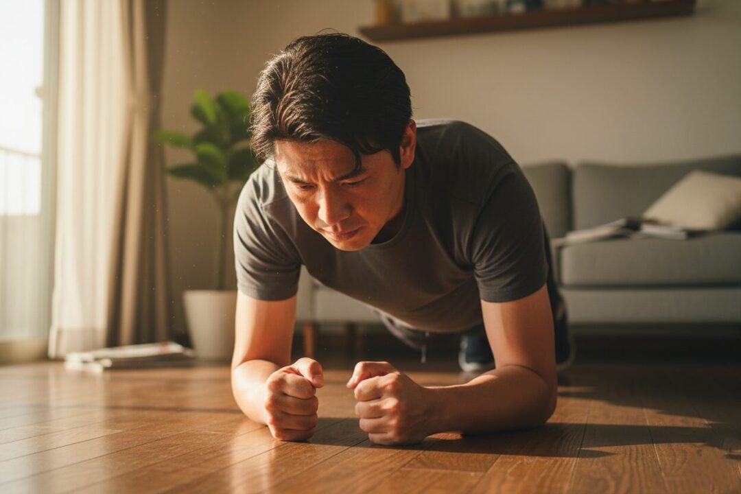 自宅のリビングでプランクをする男性の腕と足元。プルプルと震えているリアルな様子。