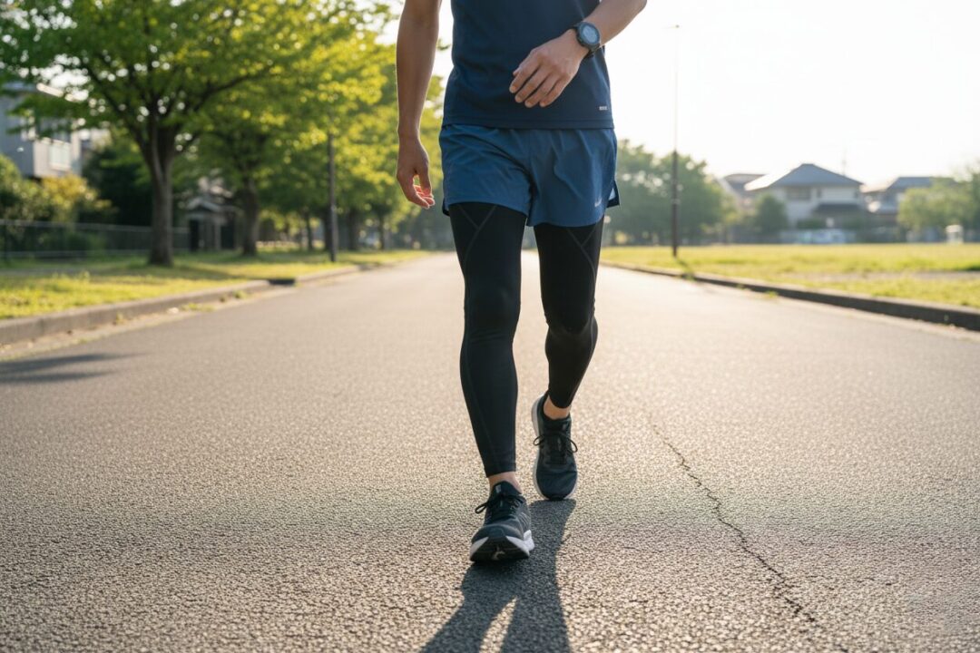 公園の道で、胸を張って力強くウォーキングをするランナーの足元とウェアのアップ。