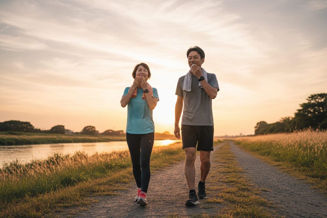夕暮れの川沿いを、汗を拭いながら晴れやかな表情で歩く40代の日本人ランナー。